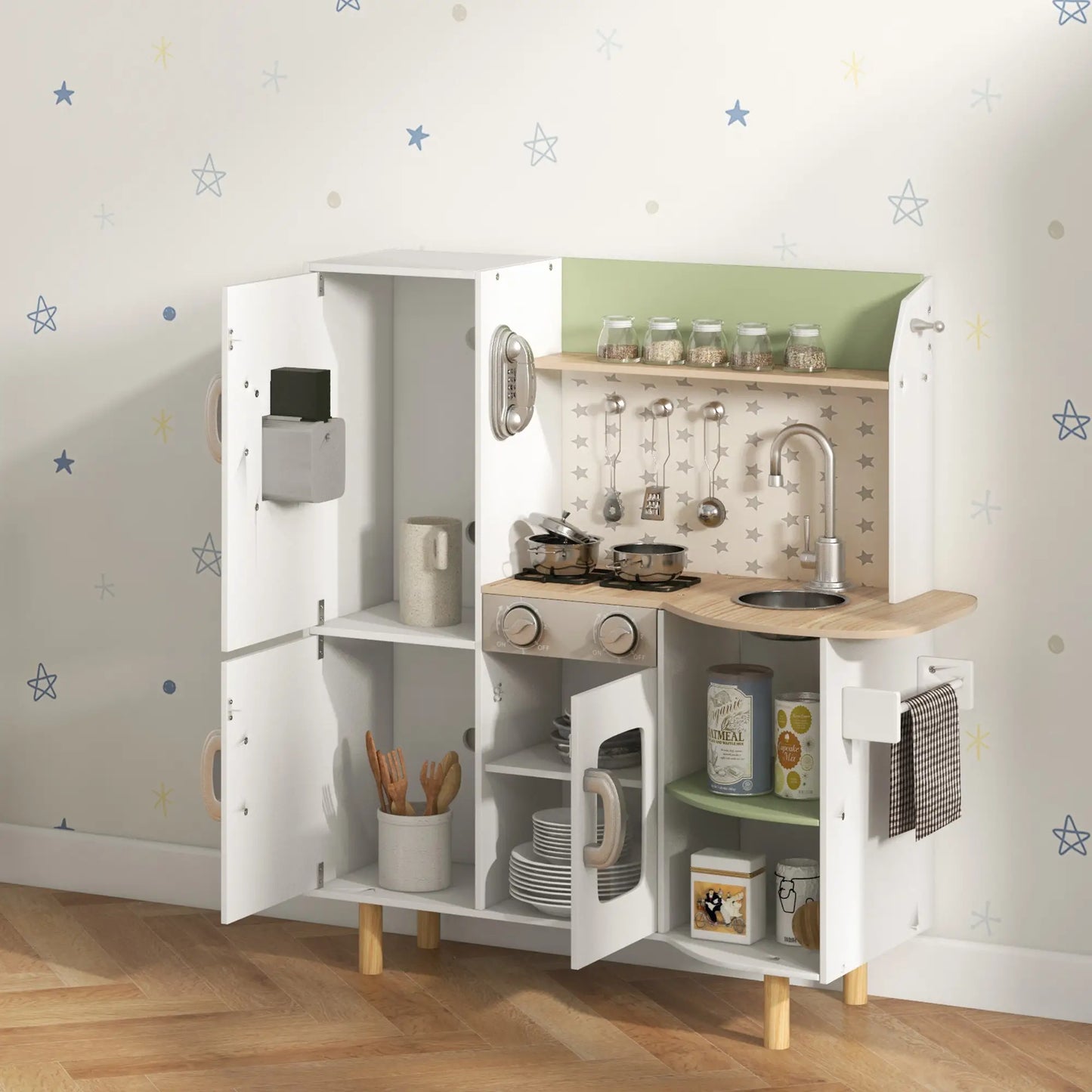 Natural Style Kitchen Playset with Toy Wall Phone, Utensils and Ice Maker