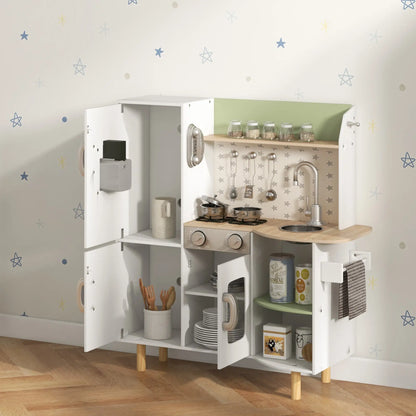 Natural Style Kitchen Playset with Toy Wall Phone, Utensils and Ice Maker