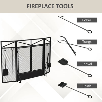 3-Panel Folding Fire Guard Screen / Spark Guard with Tool Set and Front Doors