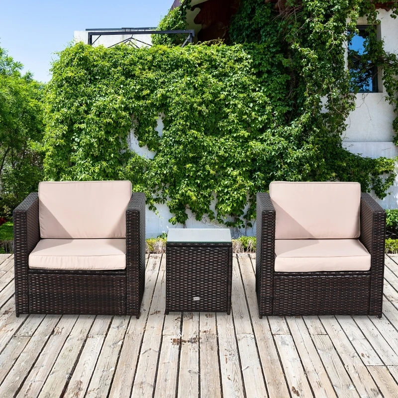 2-Seater Rattan Sofa Armchairs - Bistro Set with Cushions and Table - Brown / Beige