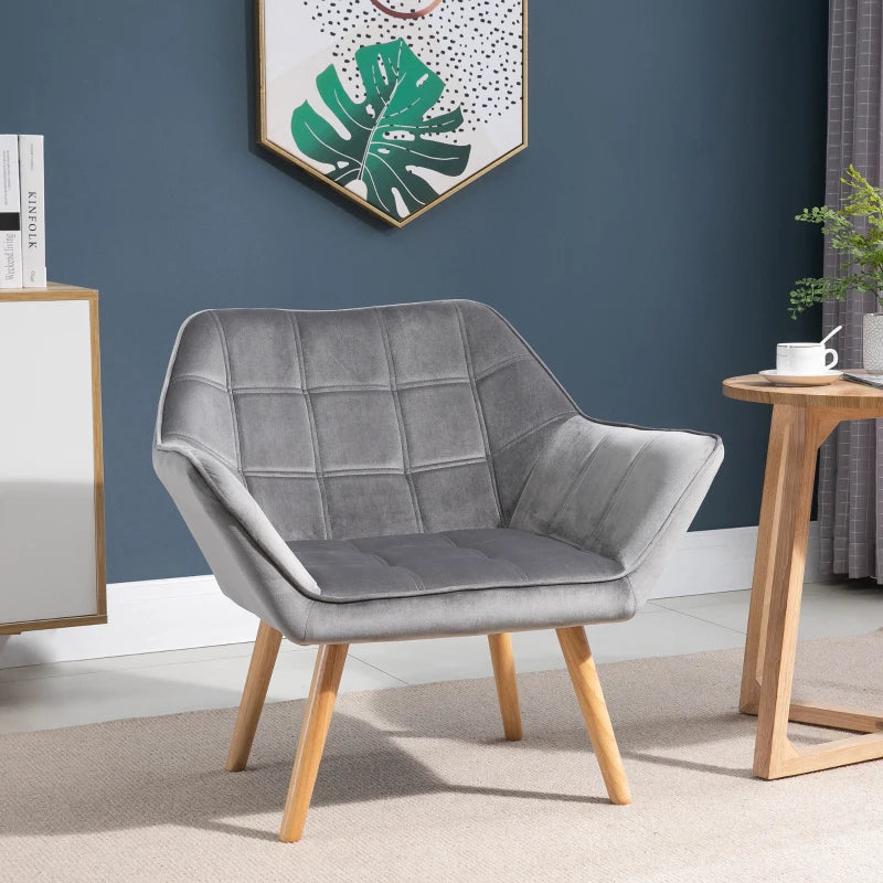 Wide Slanted Back Armchair with Padded Cushion, Iron Frame & Wooden Legs - Grey