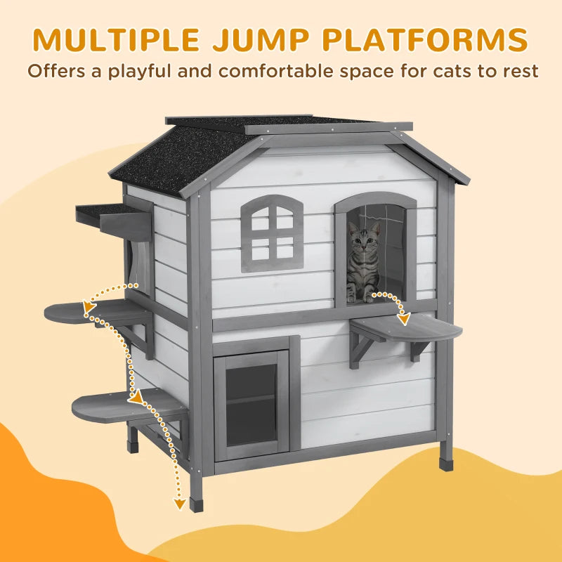 2-Story Cat Mansion with Openable Roof, Jumping Platforms and Front Door - White