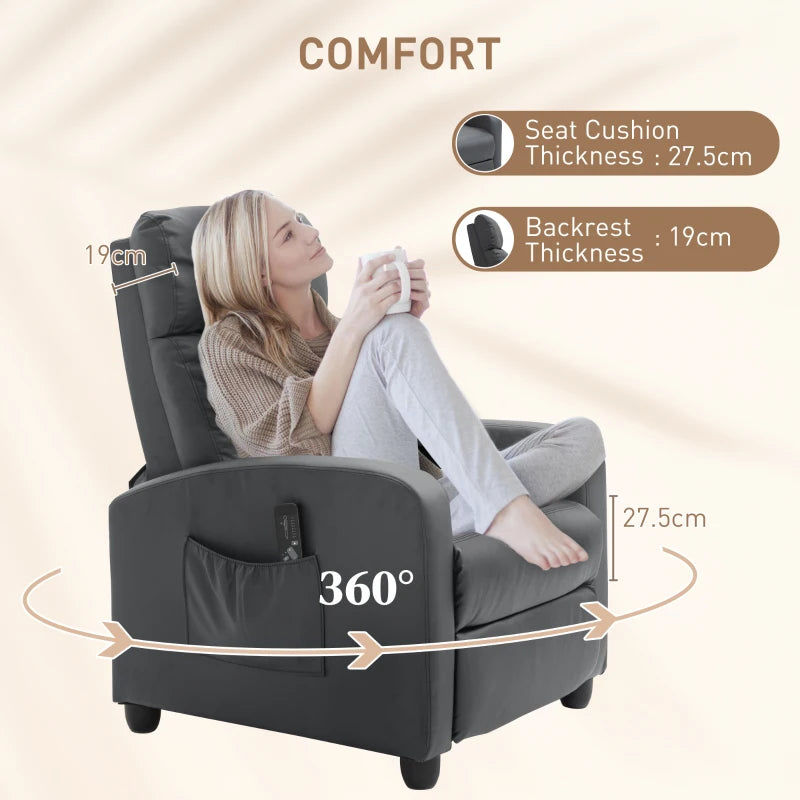 Reclining Massage Function Faux Leather Armchair with Adjustable Leg Rest & Side Pocket - Grey