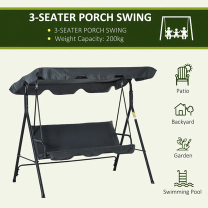 3-Seater Swing Chair with Adjustable Overhead Sun Protection Canopy - Dark Grey