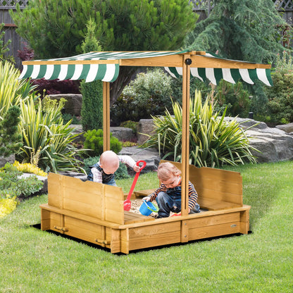 Kids Square Wooden Sandpit with 2 Benches and Adjustable Canopy - Green