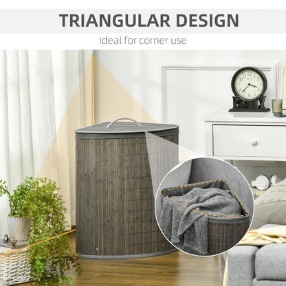 55L - Triangular Corner Bamboo Laundry Basket with Lid and Removable Washing Lining - Grey