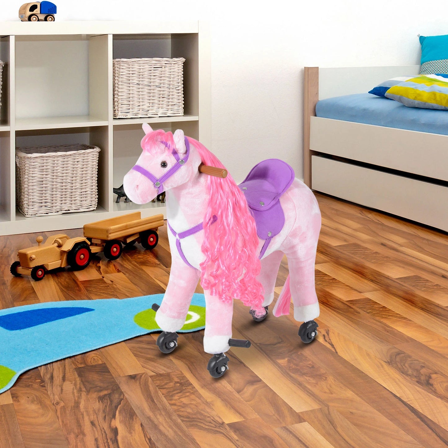 Plush Walking / Ride on Horse Toy with Wheels and Sounds - Pink