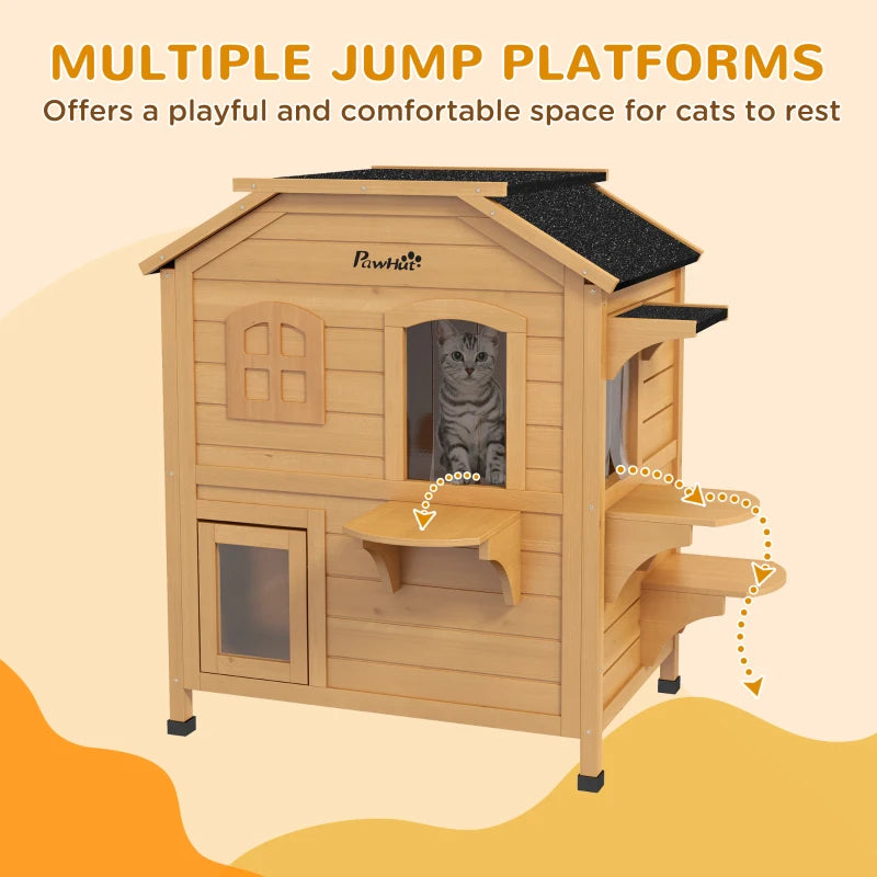 2-Story Cat Mansion with Openable Roof, Jumping Platforms and Front Door - Natural Wood