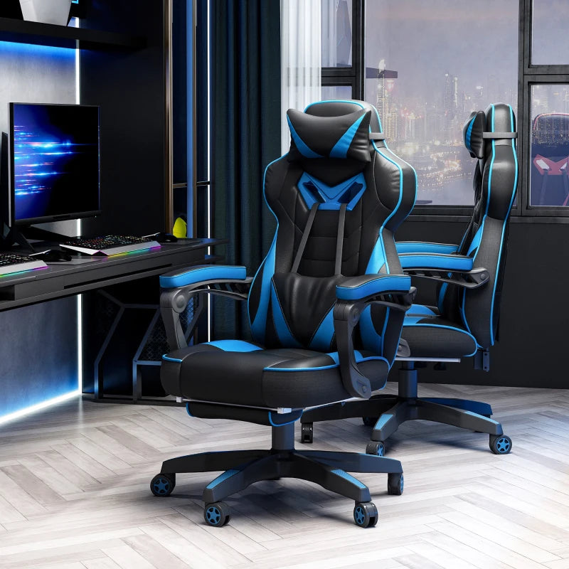 Computer Gaming Chair with Lumbar Support and Footrest - Blue / Black