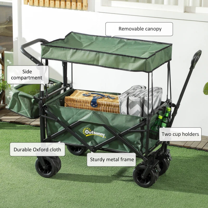 Folding Trolley Cart - Storage Wagon with Canopy & Handle - Green