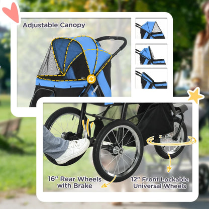 Pet / Dog Stroller - Buggy Pram with Three Wheels, Canopy and Under Netting Storage Compartment - Blue