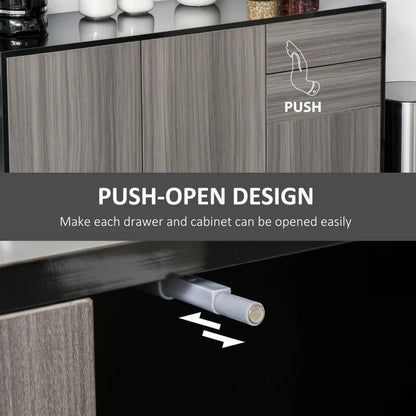 High Gloss Push-Open Design Storage Cabinet with Large & Small Cupboard and 2 Flatbed Drawers - Black / Grey