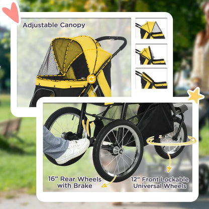 Pet / Dog Stroller - Buggy Pram with Three Wheels, Canopy and Under Netting Storage Compartment - Yellow