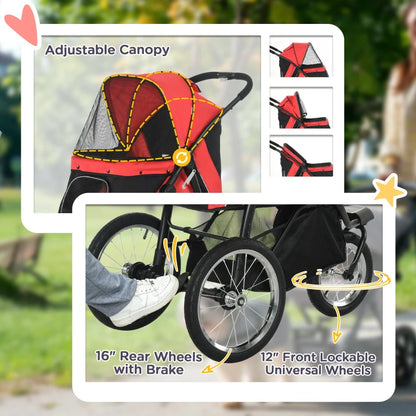 Pet / Dog Stroller - Buggy Pram with Three Wheels, Canopy and Under Netting Storage Compartment - Red