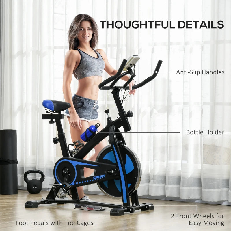 Belt Driven Stationary Cycling Exercise Bike with Adjustable Seat and Resistance - Blue / Black