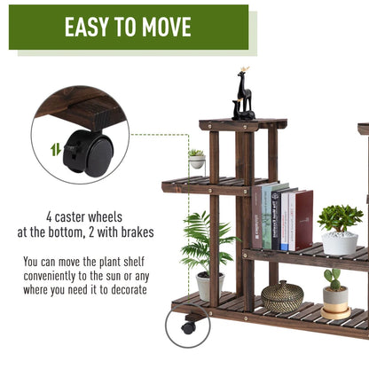 4 Tier - Plant Stand with Wheels and Brakes, Floor-standing Wooden Flower Rack