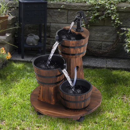 3-Tier Wooden Barrel Cascading Water Fountain Garden Feature with Pump