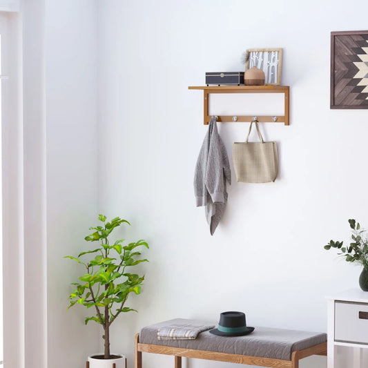 Small Space Saving - 4 Hook Wall Mounted Coat Rack with Top Display Shelving