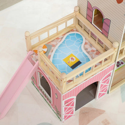 3-Storey Wooden Dolls House Play Set with 13 Pieces and Accessories