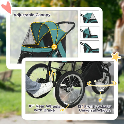 Pet / Dog Stroller - Buggy Pram with Three Wheels, Canopy and Under Netting Storage Compartment - Green