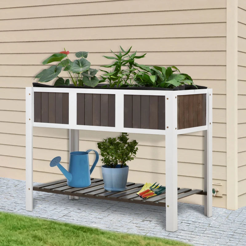 Raised Wooden Style Flower Bed Planter with Underneath Shelf Storage