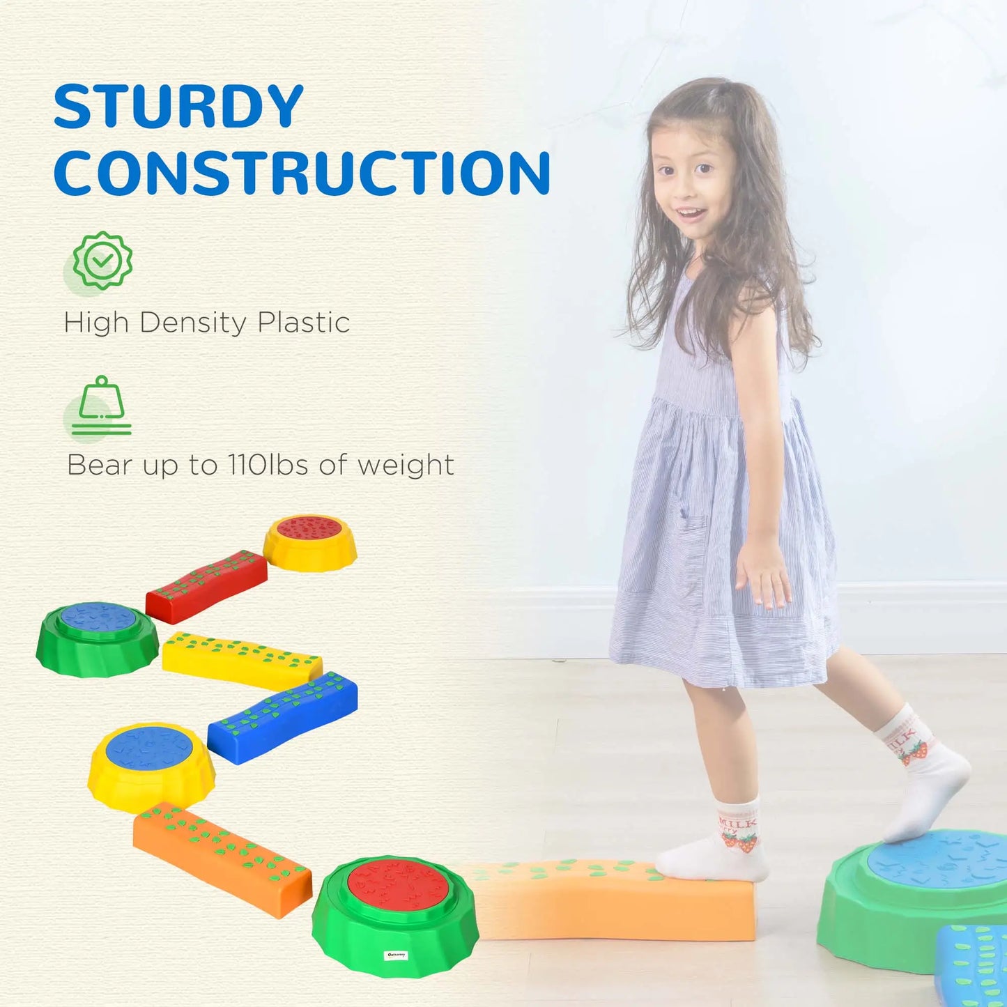 8-Piece Stepping Stone and Balance Beam Set with Anti-Slip Surface & Bottom