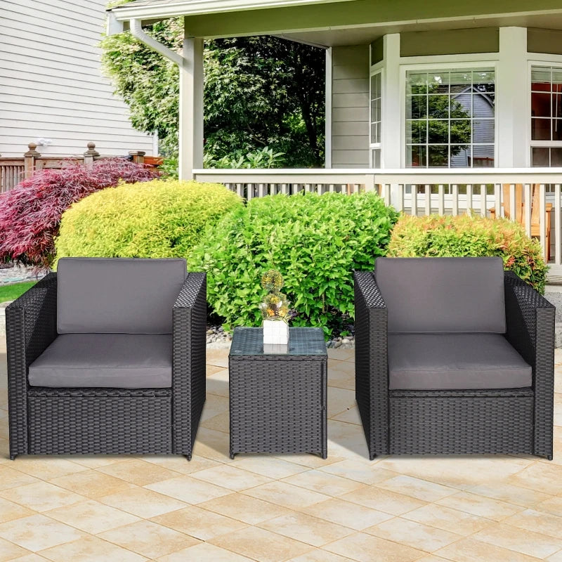 2-Seater Rattan Sofa Armchairs - Bistro Set with Cushions and Table - Black / Grey