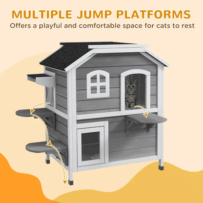 2-Story Cat Mansion with Openable Roof, Jumping Platforms and Front Door - Grey