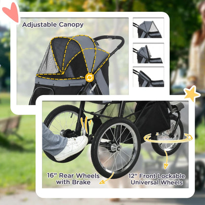 Pet / Dog Stroller - Buggy Pram with Three Wheels, Canopy and Under Netting Storage Compartment - Grey