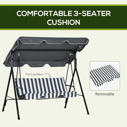 3-Seater Swing Chair with Adjustable Overhead Sun Protection Canopy - Grey / White Stripe