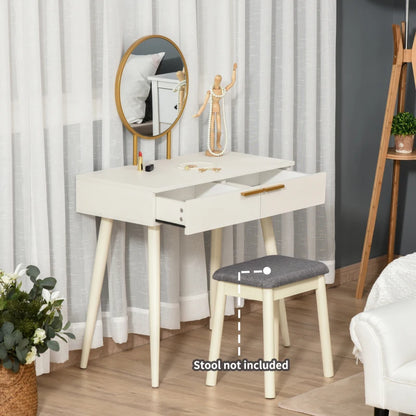 Modern Dressing Table with Gold Tone Circular Mirror and 2-Drawer Storage