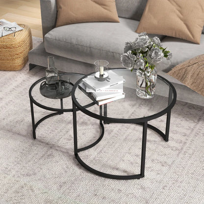 Eclipse Design - 2-Piece Tempered Glass Nesting Coffee Table with Missing Moon Style Frame Base