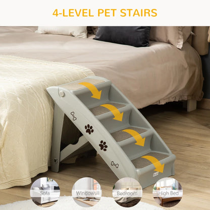 4-Step Foldable Pet Stairs with Plastic Surrounding and Anti Slip Carpeting - Grey