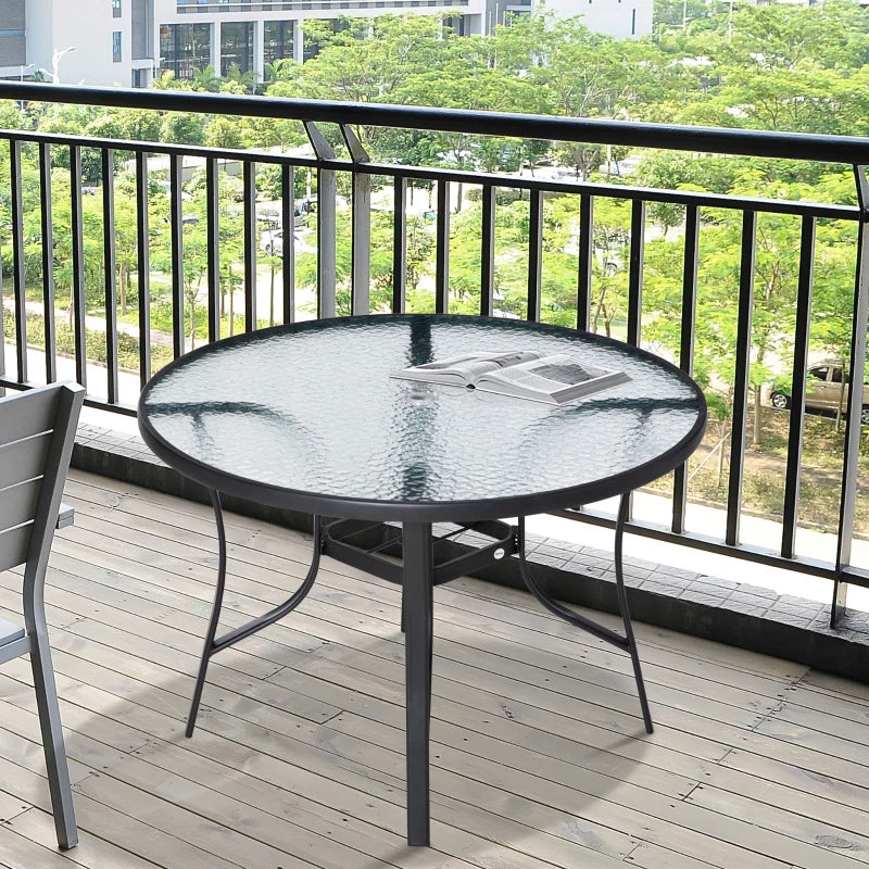 Round Garden Table with Tempered Glass Tabletop and Parasol Hole (Parasol not Included)