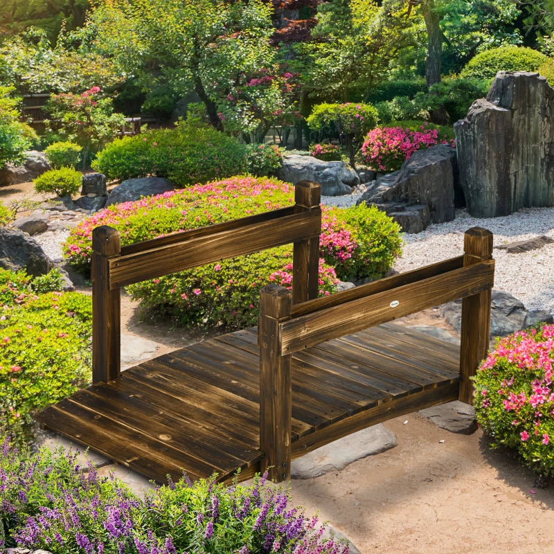 (5ft) Wooden Garden Bridge with Stained Finish and Safety Railings