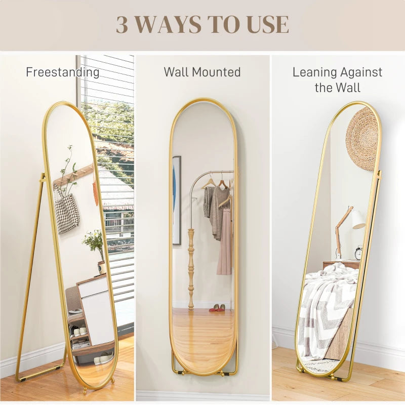 Curved Oval Shape Full Length Mirror - Freestanding or Wall Mounted - Gold Tone Bezel