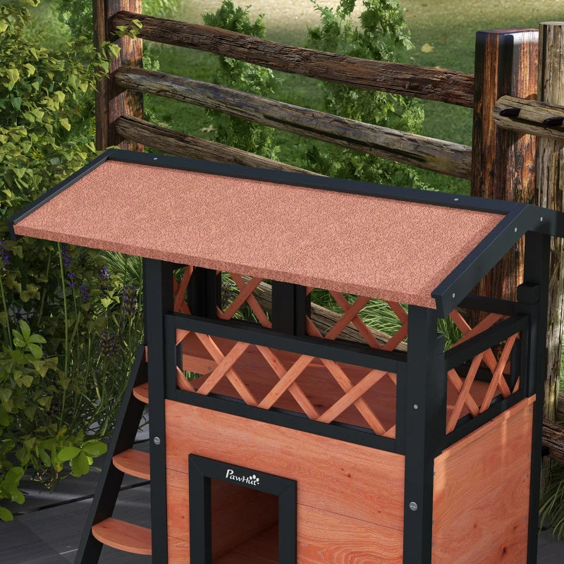 Cat House with Roofed Balcony Area & Stairs and Under House - Brown