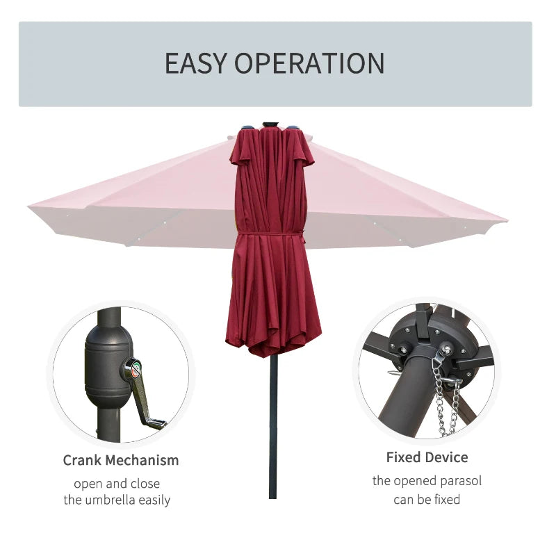 LED - Double Sided Parasol Sun Umbrella - Solar Lights - (4.4m) - (Base Not Included) - Wine Red