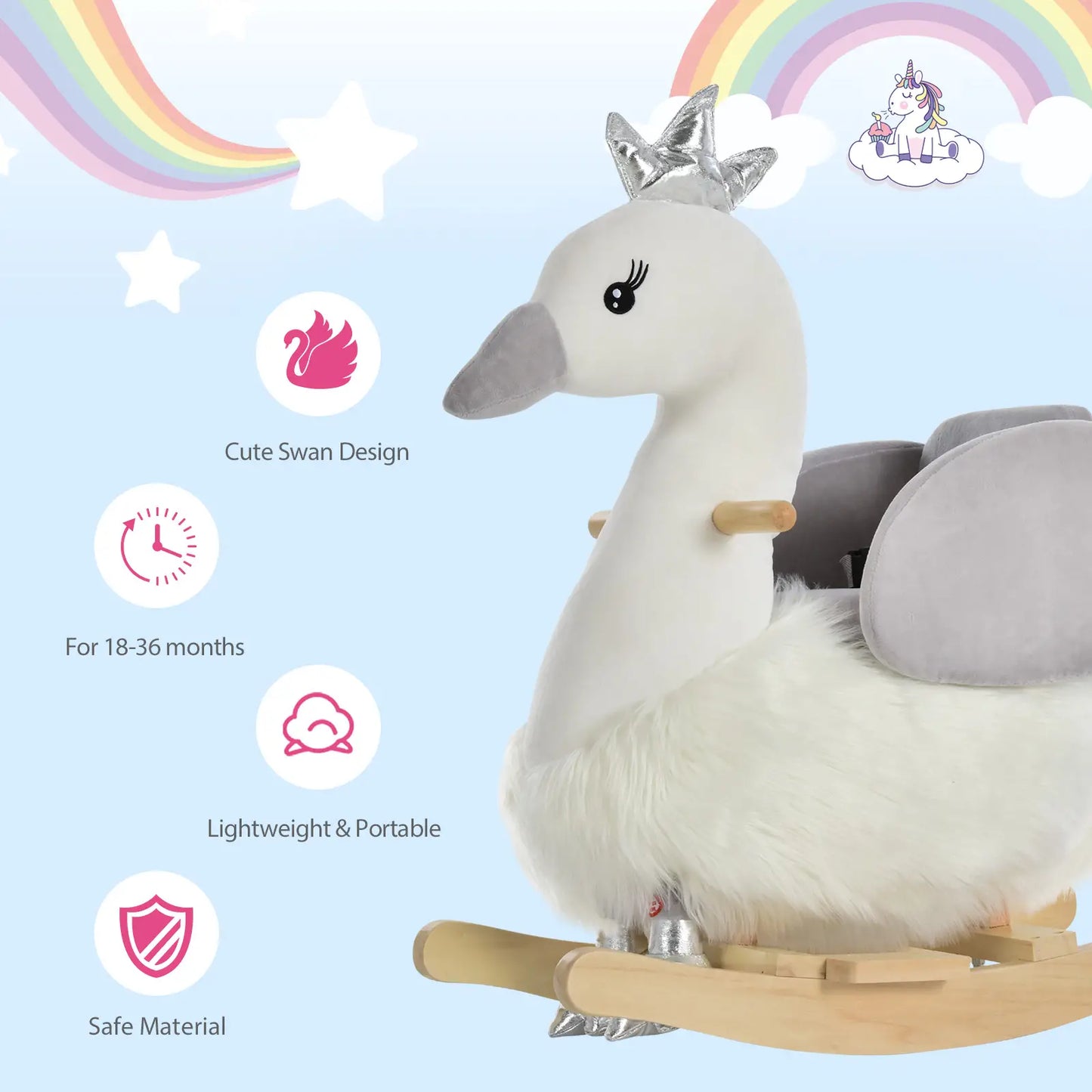 Swan Style Ride on Rocking Horse with Wooden Base and Safety Belt