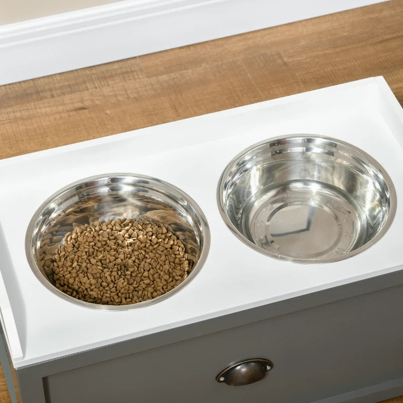 Raised Dog Feeder with 2 Stainless Steel Bowls & 21L Storage Drawer - Grey