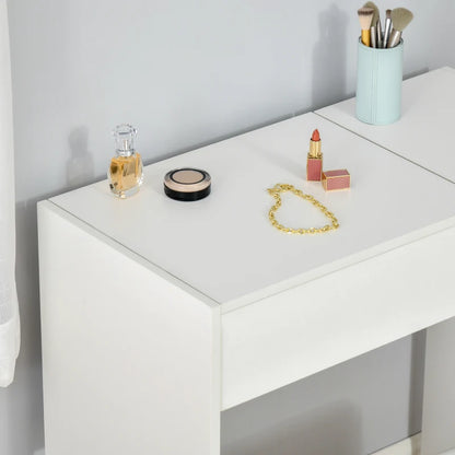 Makeup Dressing Table with Built In Flip up Vanity Mirror & Cube Seat - White