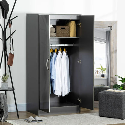 High Gloss Grey 2-Door Wardrobe with Hanging Rod and Storage Shelf