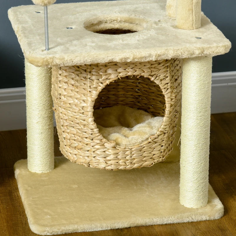 Small Cat Tree with Scratching Post, Cat House, Top Bed and Toy Ball