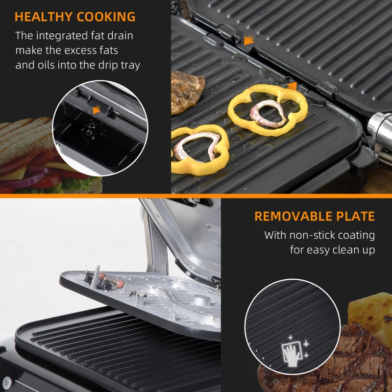 Electric Grill / Panini Press - Non Stick with 180° Open Lid, Drip Tray & Removable Plate