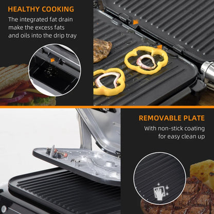 Electric Grill / Panini Press - Non Stick with 180° Open Lid, Drip Tray & Removable Plate