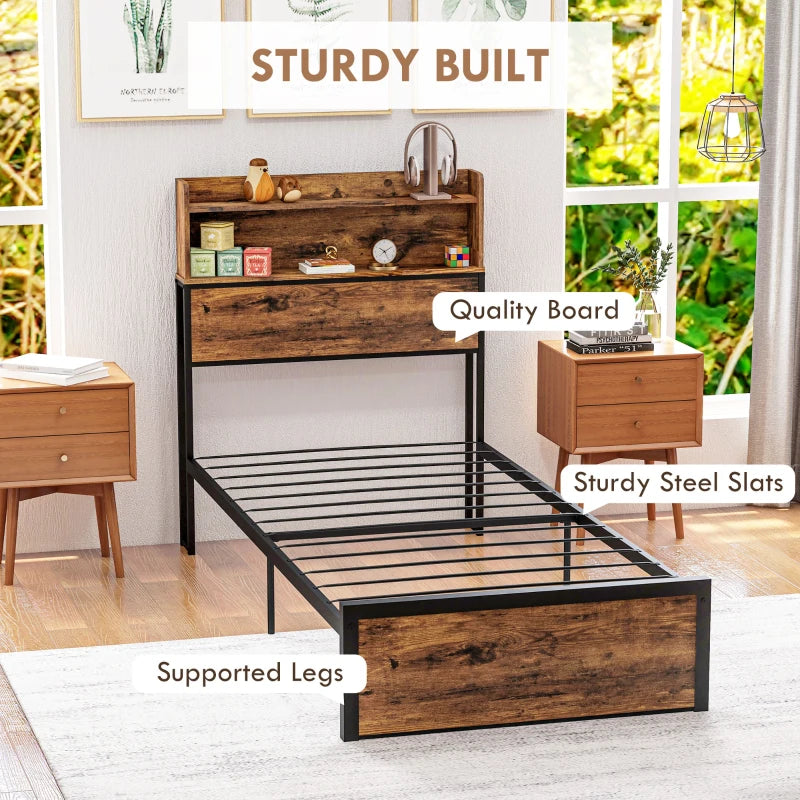 Single - Industrial Style Single Bed Frame with Storage Headboard and Underneath Storage