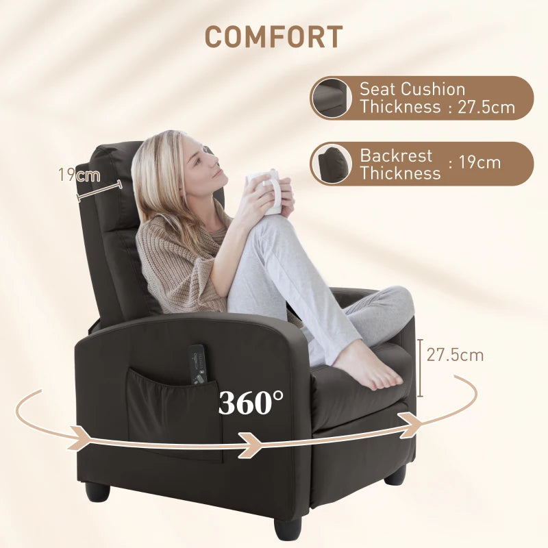 Reclining Massage Function Faux Leather Armchair with Adjustable Leg Rest & Side Pocket - Brown