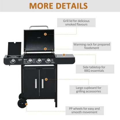 3 Burner Gas Grill + 1 Burner Side Stove Top with Side Shelves and Warming Rack