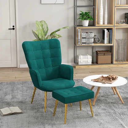 Velvet Wingback Modern Armchair with Footstool Chair with Steel Legs - Emerald