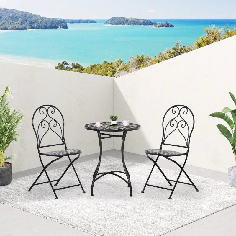 3-Piece - Metal Frame Garden Bistro Set with Mosaic Seat and Table Tile Top - Coffee Table and 2 Folding Chairs